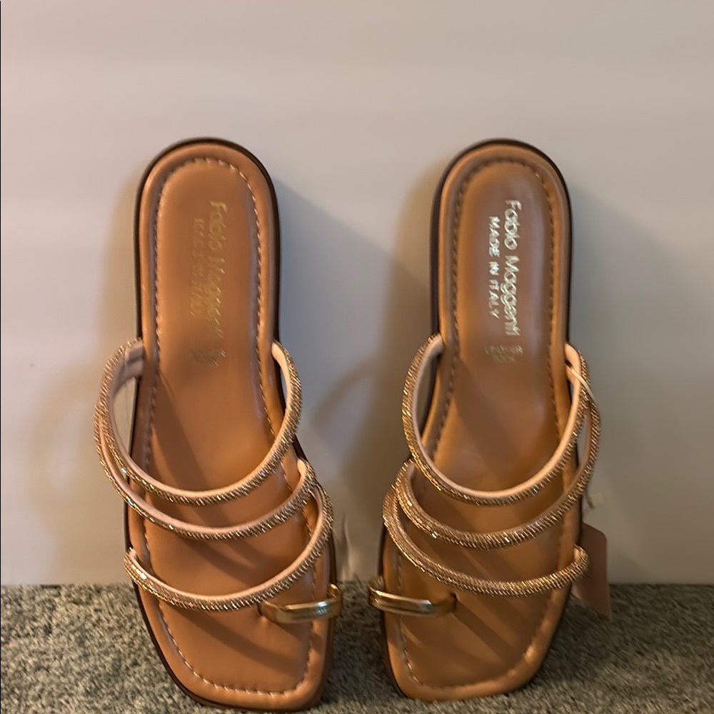 Gold and Tan Slide Sandals with Crisscross Straps